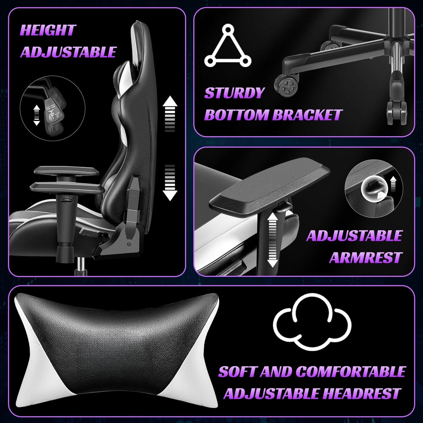 Ergonomic Gaming Chair Black & White Racing Style Office Chair with Adjustable Armrests, 155° Reclining, Swivel Computer Gaming Chair