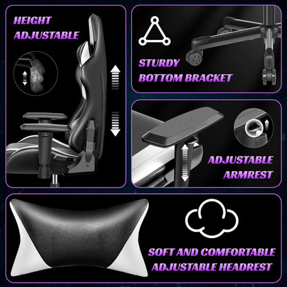 Ergonomic Gaming Chair Black & White Racing Style Office Chair with Adjustable Armrests, 155° Reclining, Swivel Computer Gaming Chair