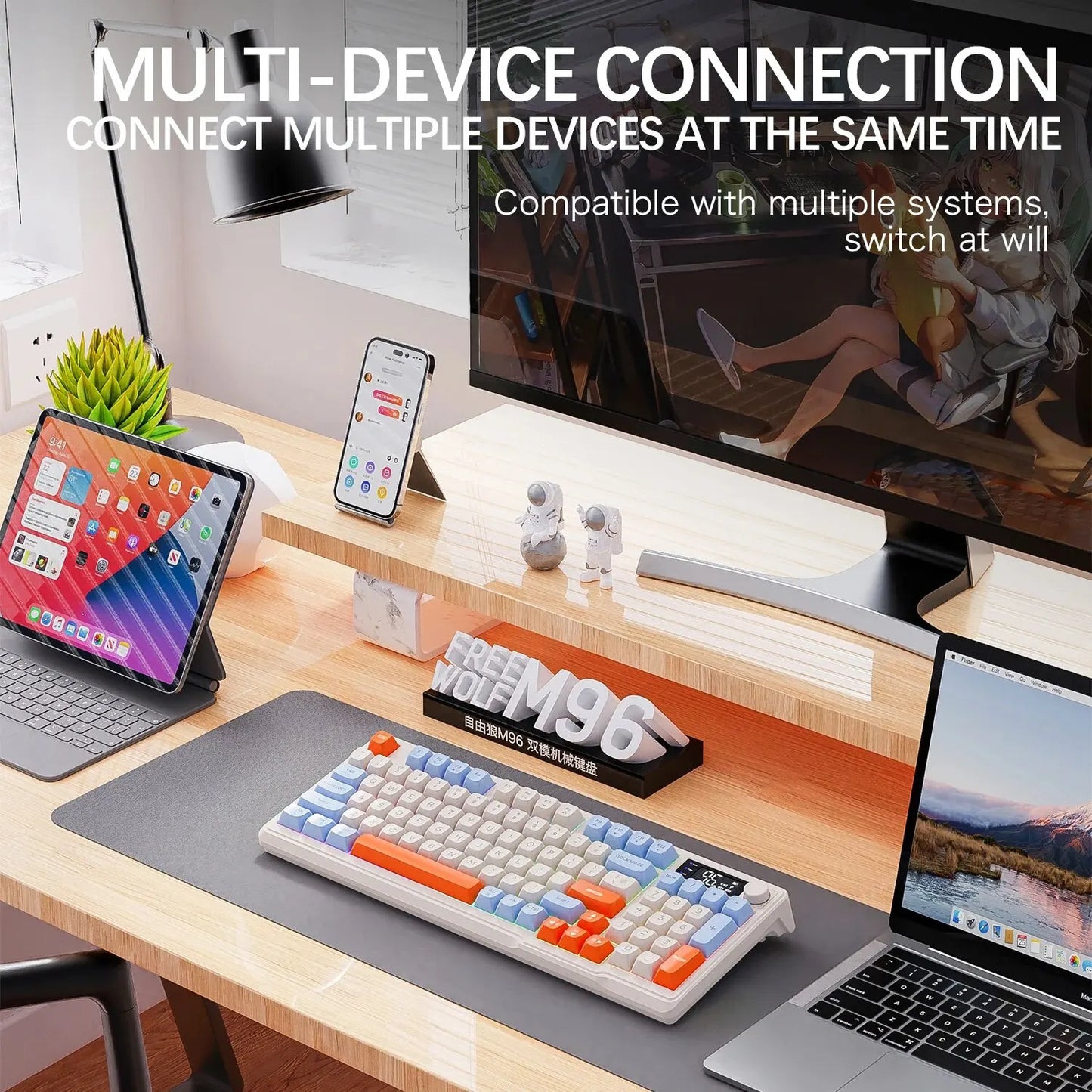 FreeWolf M96 Wireless Keyboard with Screen, Gaming Keyboard Bluetooth Dual-Mode Connection, Multi-Device Linking, Ergonomic