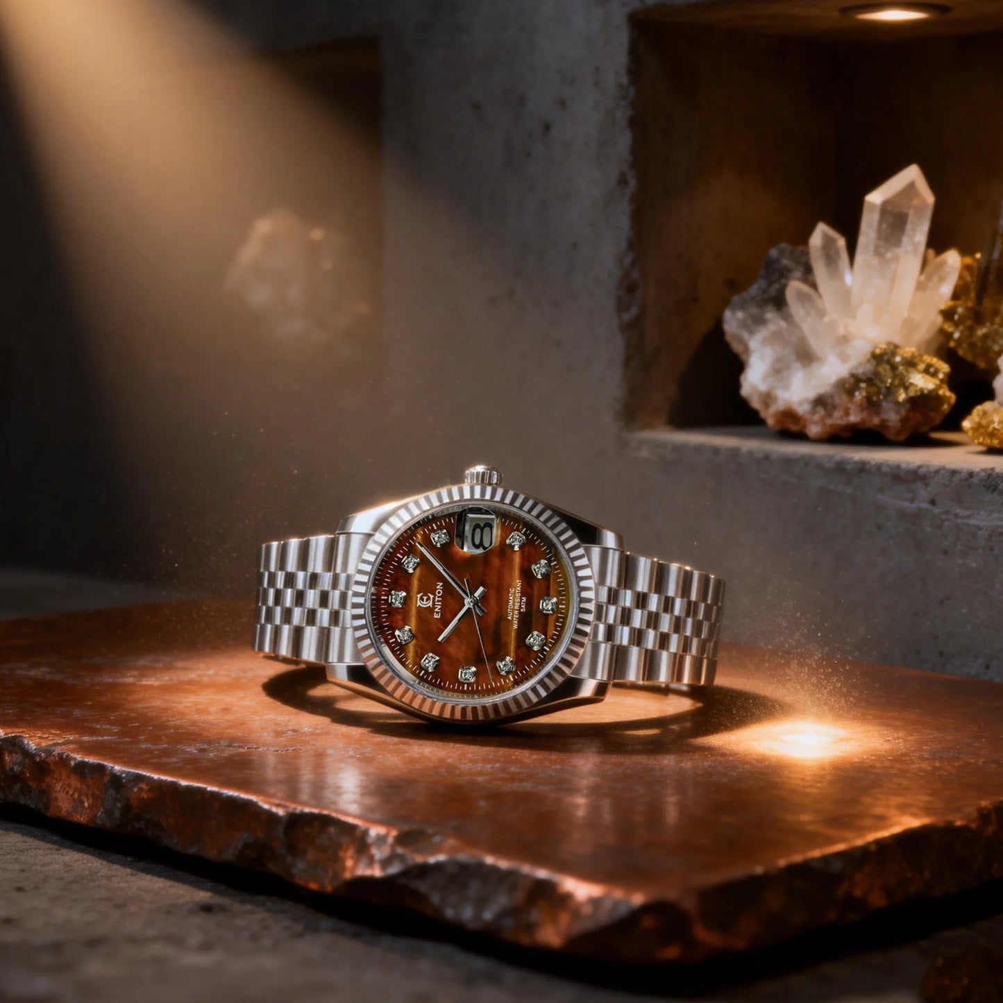 Eniton 36mm Men's Mechanical Watch Stainless Steel Peacock Stone Tiger Eye Dial NH35 Movement