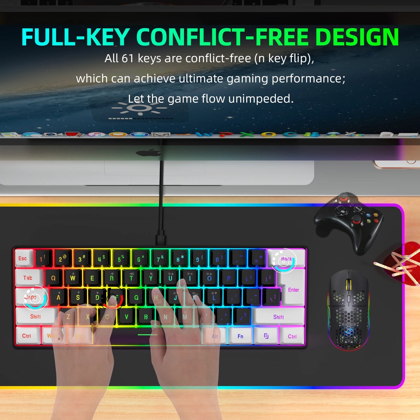 60% Gaming Keyboard Wired RGB Backlit Mini 61 Keys Membrane Keyboard Anti-Ghosting No-Conflict Ultra-Compact for Gamers