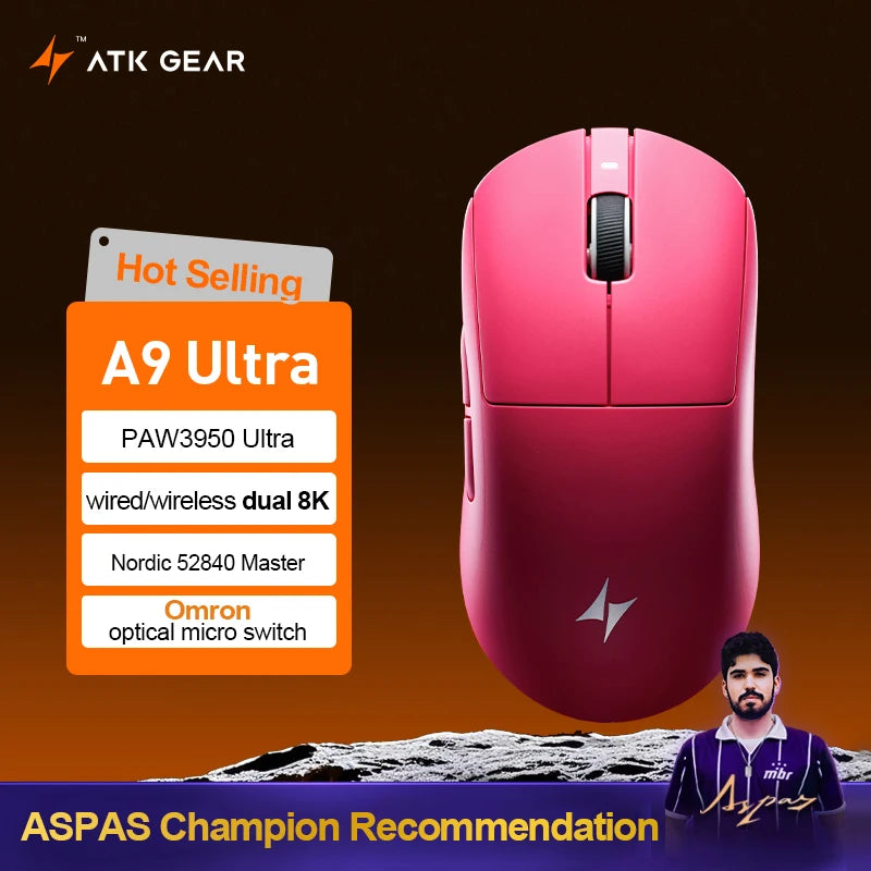 ATK Dragonfly A9 Ultra Wireless Gaming Mouse PAW3950, Tri-Mode 8K Gaming Mouse, Ultra-Lightweight Ergonomic Wireless Gaming Mouse for FPS & Esports
