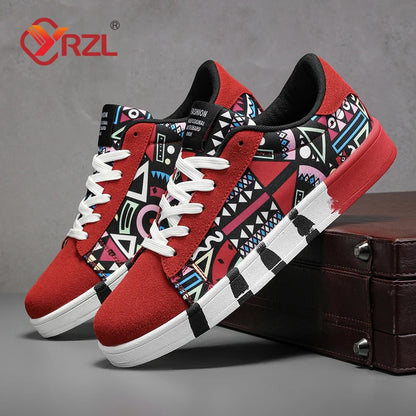 YRZL Men's Sports Running Shoes Canvas Geometric Style Lace-Up Sneakers Couples' Fashionable Graffiti Print Skate Shoes