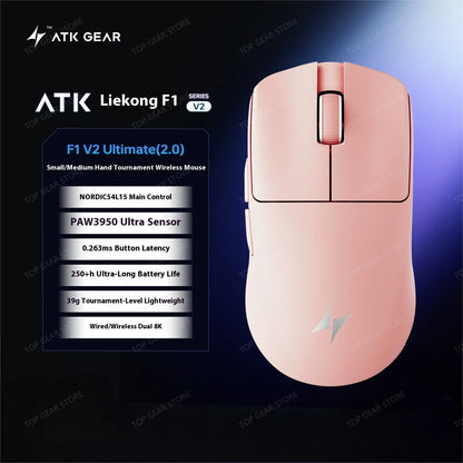 Mouse da gaming ATK F1 V2 Ultra MAX wireless tri-mode PAW3950 doppio 8k leggero ergonomico per esport, accessorio PC personalizzato