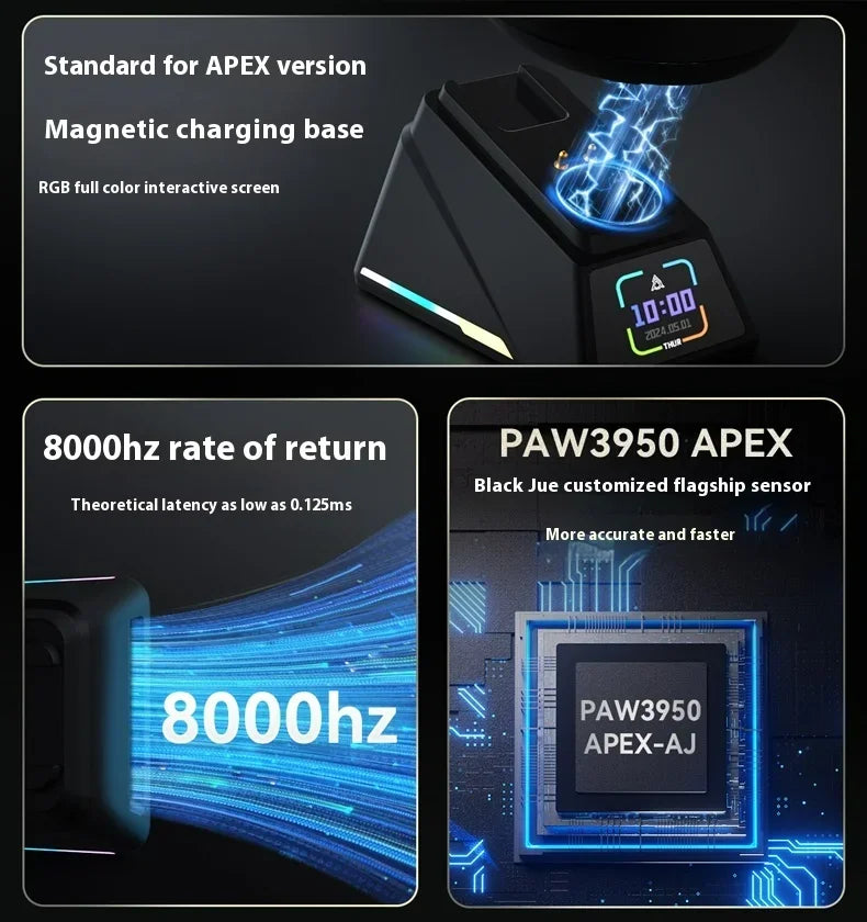Ratón gaming AJAZZ AJ179 APEX con base de pantalla a color, carga magnética, alta frecuencia de 8000Hz, trimodo (PAW3950), para diestros