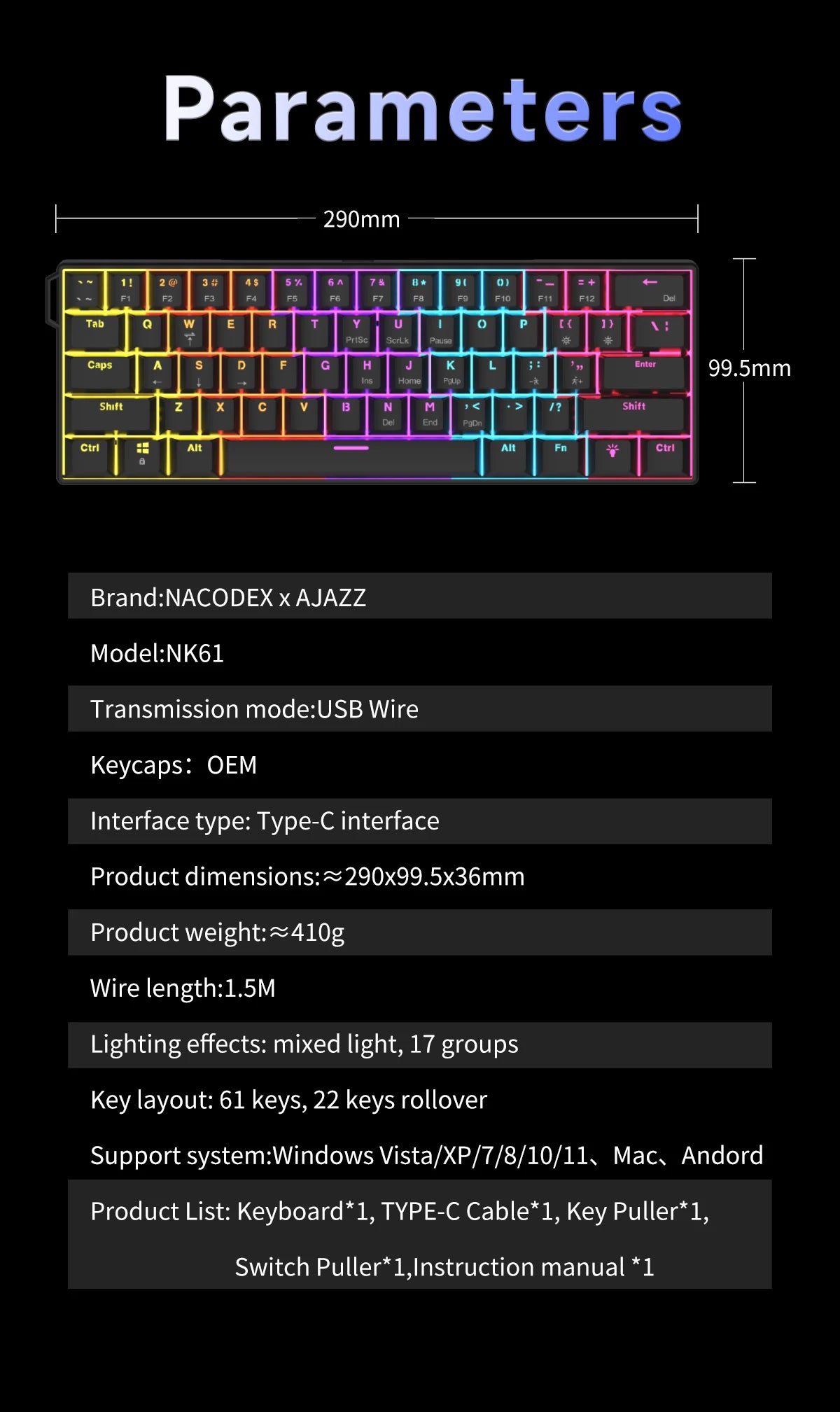 Ajazz NK61 Wired Mechanical Gaming Keyboard with full-key hot-swappable switches  RGB lighting effects 61 keys red switches