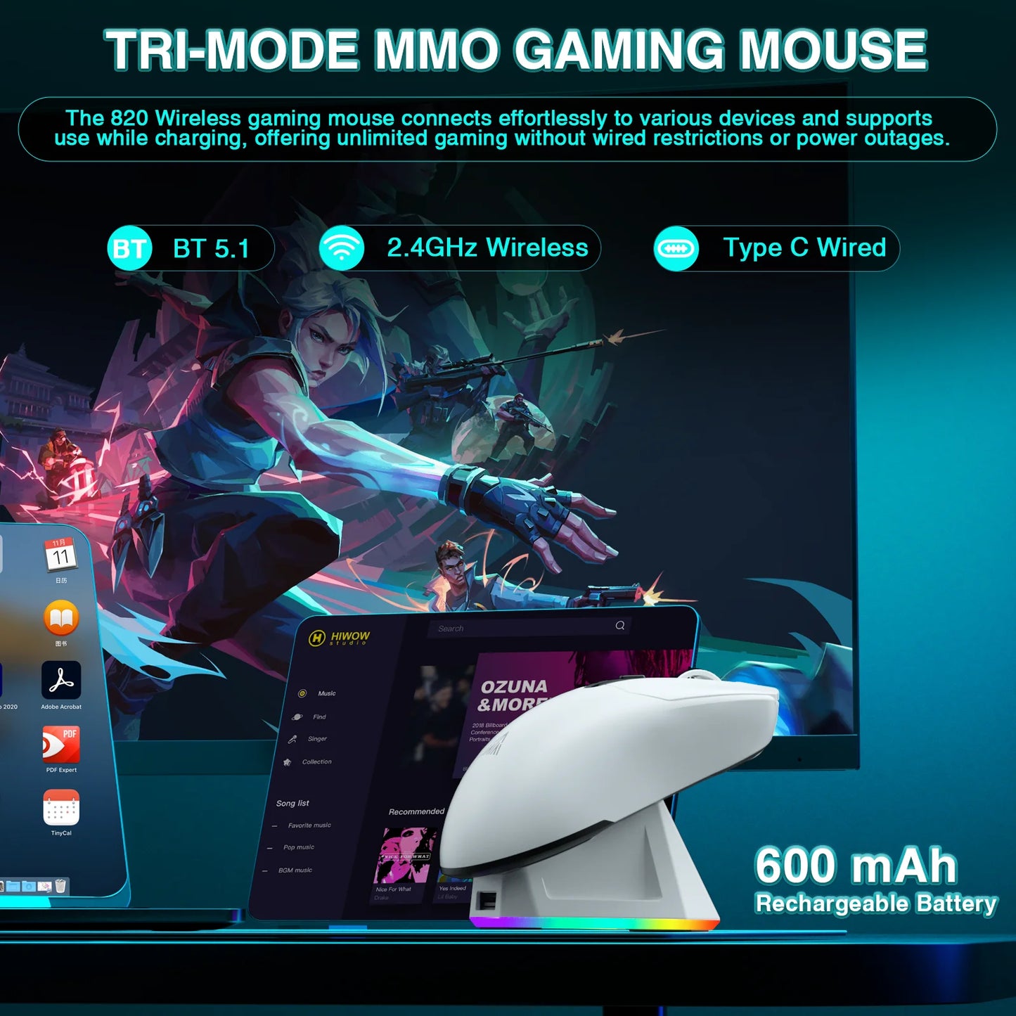 SOLAKAKA SM820 Tri-Mode Wireless Gaming Mouse with RGB Charging Dock, PAW3311 Sensor, 26000 DPI, Ultra-Light Rechargeable Wireless Gaming Mouse
