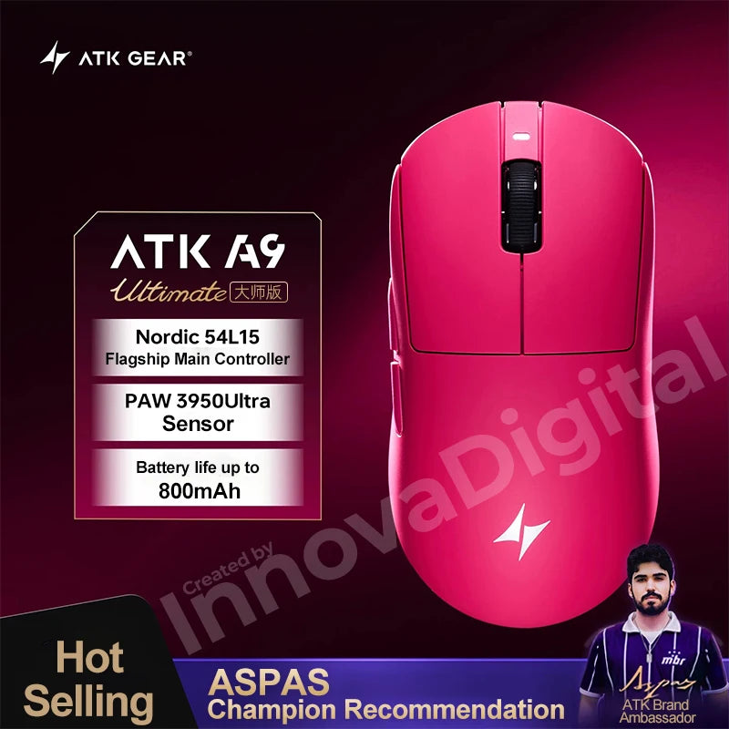 ATK Dragonfly A9 Ultimate Wireless Gaming Mouse, PAW3950 Ultra Sensor, 8KHz Polling Rate, Ultra Lightweight Ergonomic Gaming Mouse for FPS & Esports