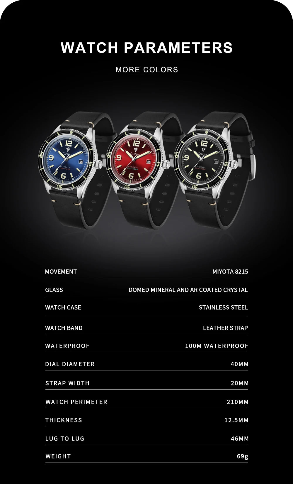 CADISEN 2026 Watch Men Mechanical Wristwatches MIYOTA 8215 Movement Genuine Leather Strap Waterproof Luminous Red Mens Watches