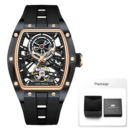 MINI FOCUS Orologio da polso da uomo fashion nero impermeabile, automatico meccanico, con lancette luminose, cinturino in silicone e quadrante tonneau