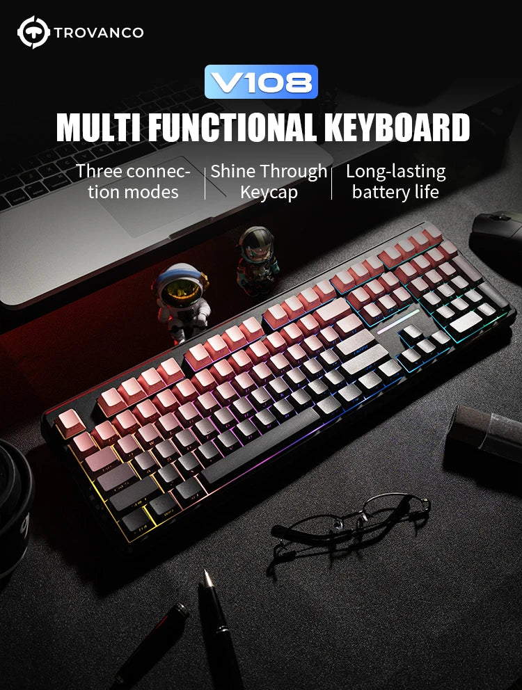 V108 Pro Bluetooth Keyboard  Office Low Noise 2.4G Wired&Wireless Full Layout with RGB Backlit Membrane