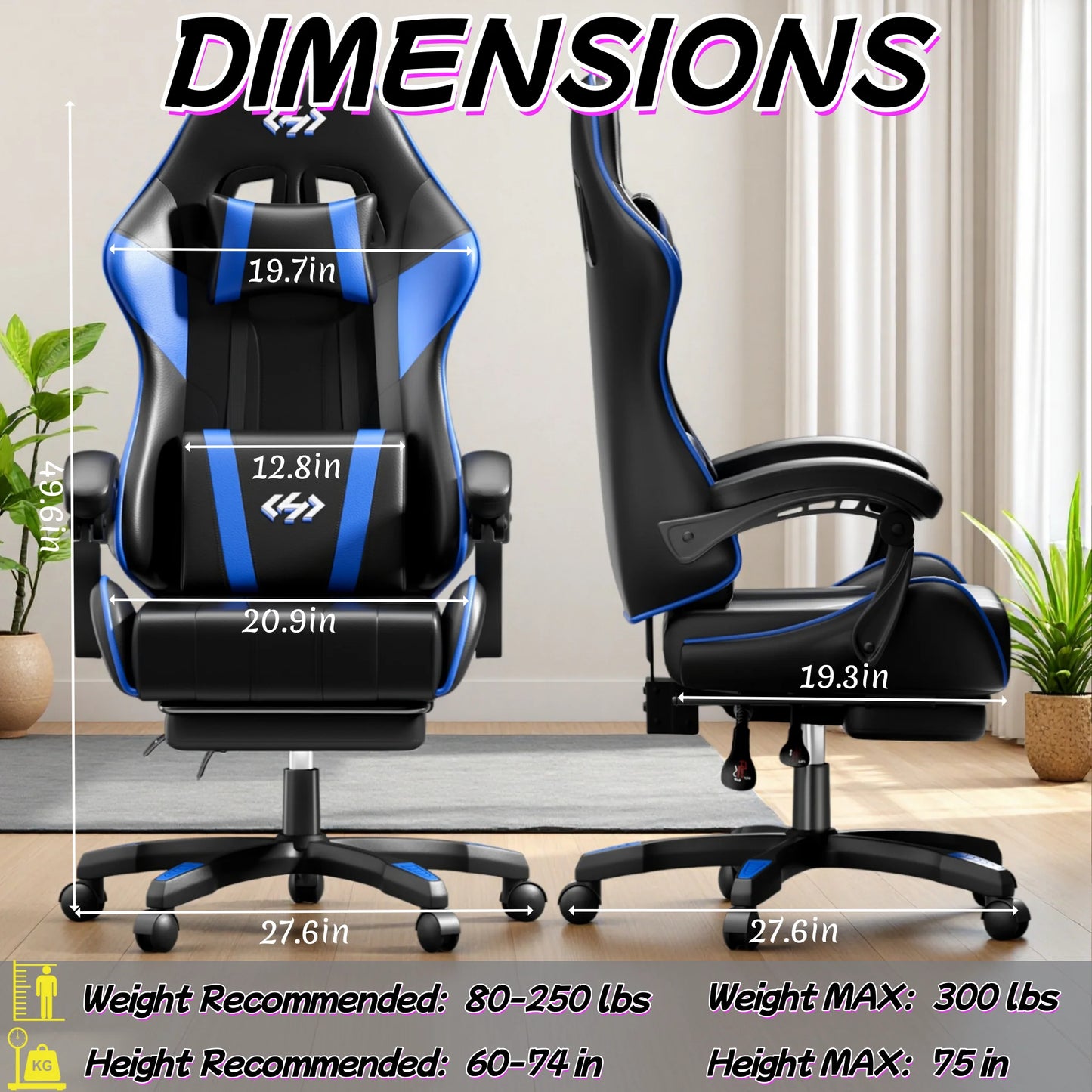 Silla gaming ergonómica, silla de oficina para ordenador con reposapiés y reposacabezas, silla de oficina para adultos con altura y respaldo ajustables