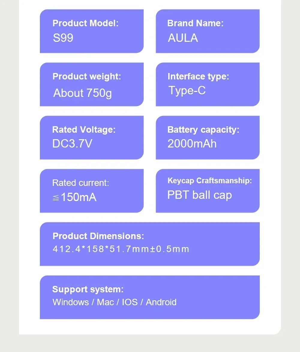 AULA S99 Keyboard 3-Mode Wireless Bluetooth Wired RGB Ergonomic 99Key Typing Mute Gaming Keyboard Custom PC Accessories Gifts