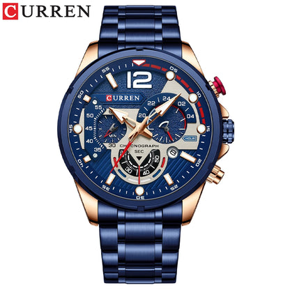 Relógio CURREN para Homem, Desportivo, de Quartzo, Cronógrafo, em Aço Inoxidável de Luxo, com Mostrador Luminoso