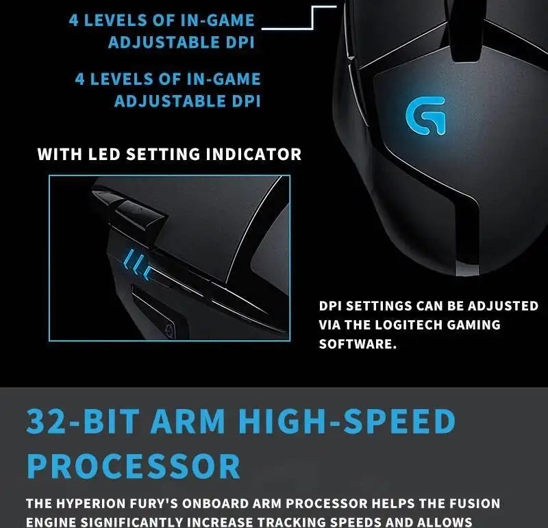 Laidinė žaidimų pelė Logitech G402, 32 bitų ARM procesorius, 8 mygtukai, 500 IPS, neslystanti – visos dienos žaidimų ir darbo sesijoms