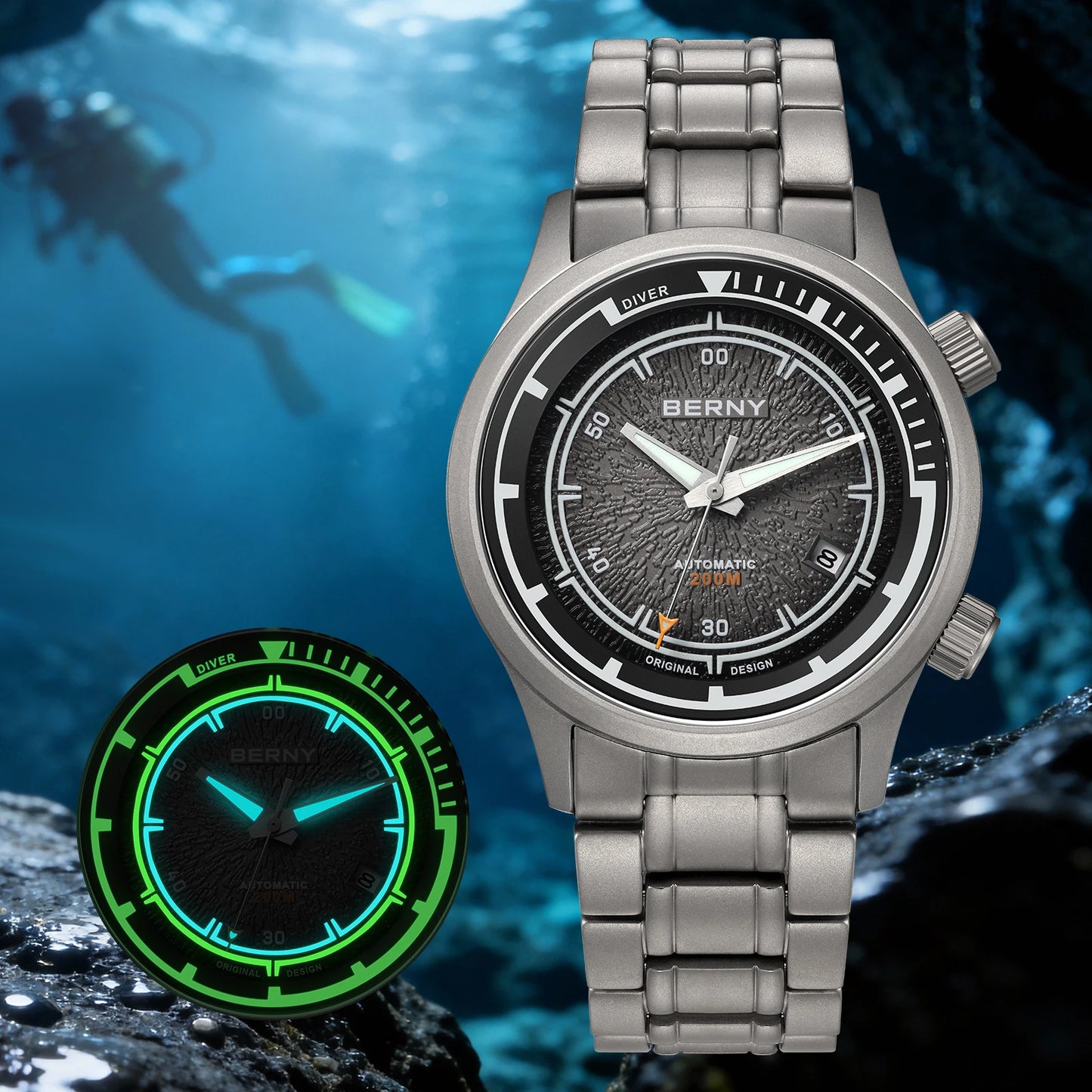 BERNY Automatic Diving Watches for Men Full Titanium Lightweight Super Luminous Mechanical Men's Diver Watch 20ATM Sapphire