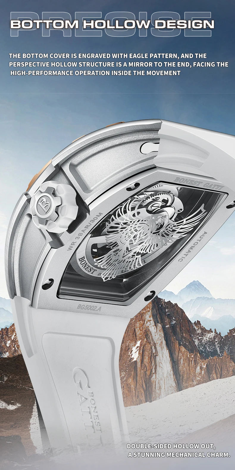 BONEST GATTI Luxury Men Hollow Automatic Mechanical Watches Tonneau Sapphire Crystal Luminous Hollow Eagle Dial Rubber Strapes