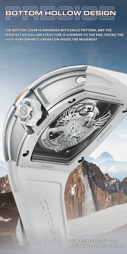 BONEST GATTI Luxury Men Hollow Automatic Mechanical Watches Tonneau Sapphire Crystal Luminous Hollow Eagle Dial Rubber Strapes