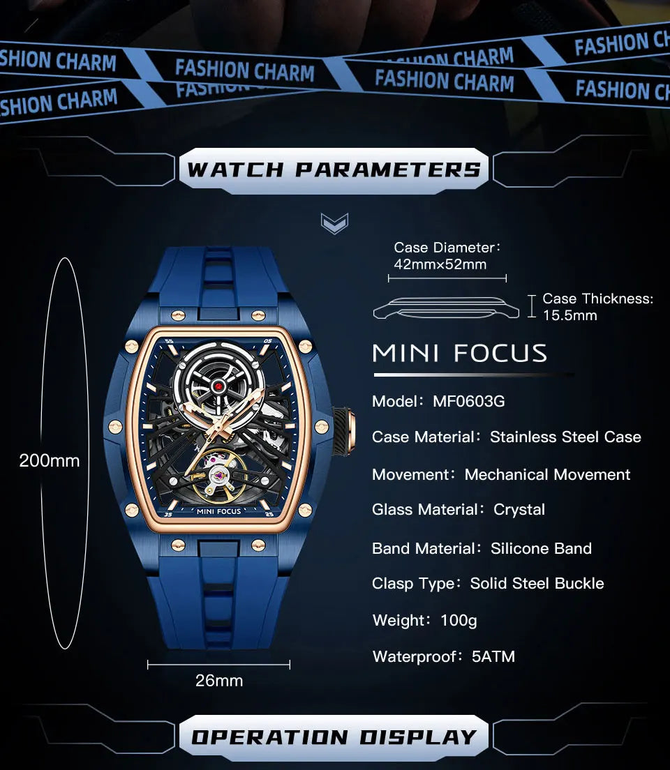 MINI FOCUS Orologio da polso da uomo fashion nero impermeabile, automatico meccanico, con lancette luminose, cinturino in silicone e quadrante tonneau