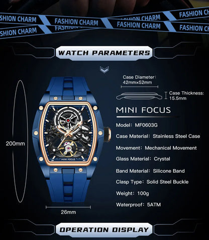 MINI FOCUS Orologio da polso da uomo fashion nero impermeabile, automatico meccanico, con lancette luminose, cinturino in silicone e quadrante tonneau