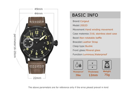 Corgeut 44mm Leather Luminous Mechanical Hand Winding Watch For Men 17 Jewels ST3600 Seagull 6497 Movement Sport Wristwatches