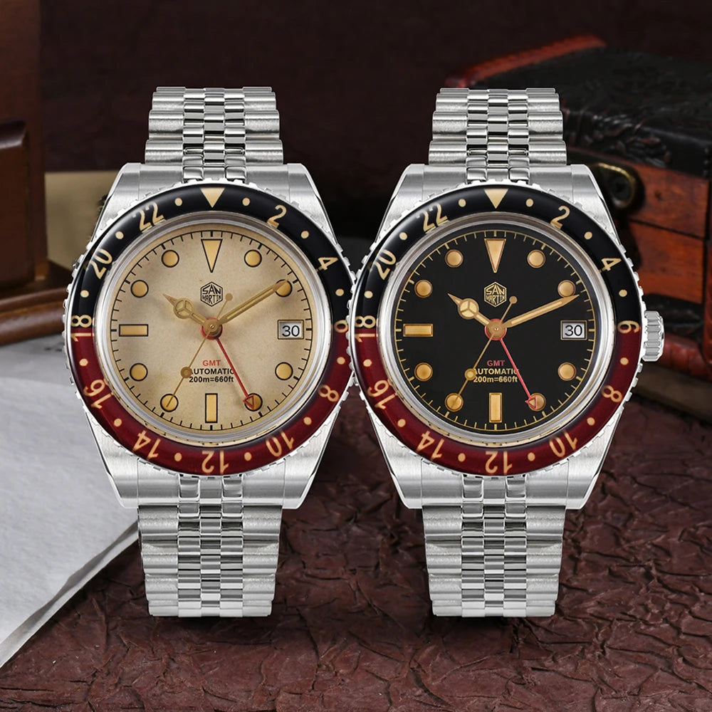 San Martin 40mm SN0005 Retro GMT NH34 Automatic Distressed Patina Dial Bi-color Sapphire Bezel Jubilee Mens Watches 20Bar Lume
