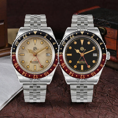 San Martin 40mm SN0005 Retro GMT NH34 Automatic Distressed Patina Dial Bi-color Sapphire Bezel Jubilee Mens Watches 20Bar Lume