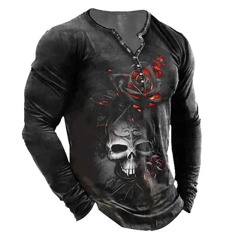 Autumn Skull Henley Shirt 3D Print Streetwear Men's Fashion Vintage Long Sleeve Button T Shirt Men's T Shirt Tops Clothing