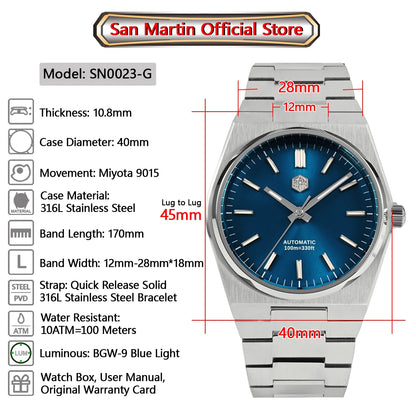 Orologio da uomo San Martin Classic 40mm Miyota 9015 di lusso elegante, orologio da polso meccanico automatico con bracciale a rilascio rapido SN0023