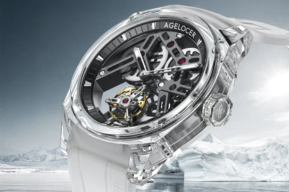 Relógio AGELOCER de edição limitada “Ice Never Melts” com turbilhão de cristal de espiral livre — relógios mecânicos manuais de luxo