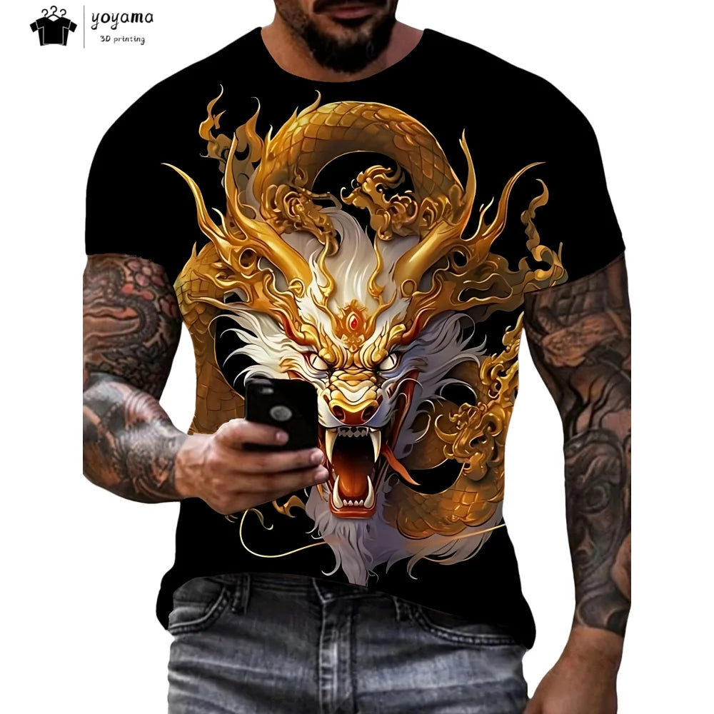 Men's T-shirts Dragon Pattern Short Sleeve Tee Fashion Street O-Neck Top Trend Animal 3D Printing Loose Versatile Men's Clothing