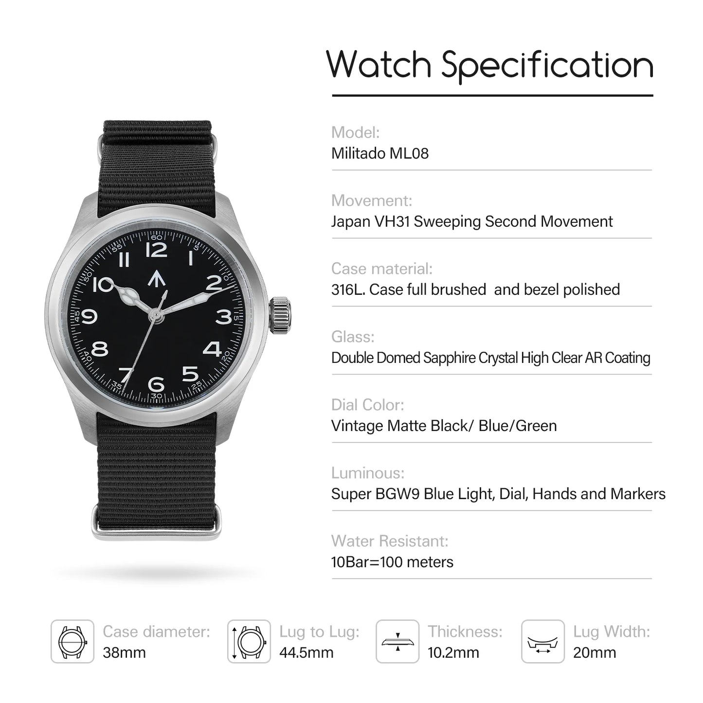 Militado ML08 Quartz Watch VH31 Movement Double Domed Sapphire Crystal Wristwatch Super C3 Green Luminous 38mm Vintage Watches