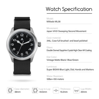 Militado ML08 Quartz Watch VH31 Movement Double Domed Sapphire Crystal Wristwatch Super C3 Green Luminous 38mm Vintage Watches