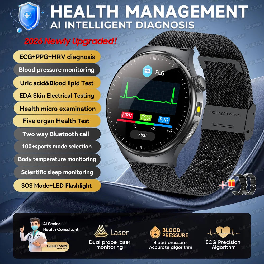 2026 AI Health Smartwatch ECG + PPG, Blood Pressure, Uric Acid & Body Fat Monitoring, AMOLED Display & Bluetooth Calling