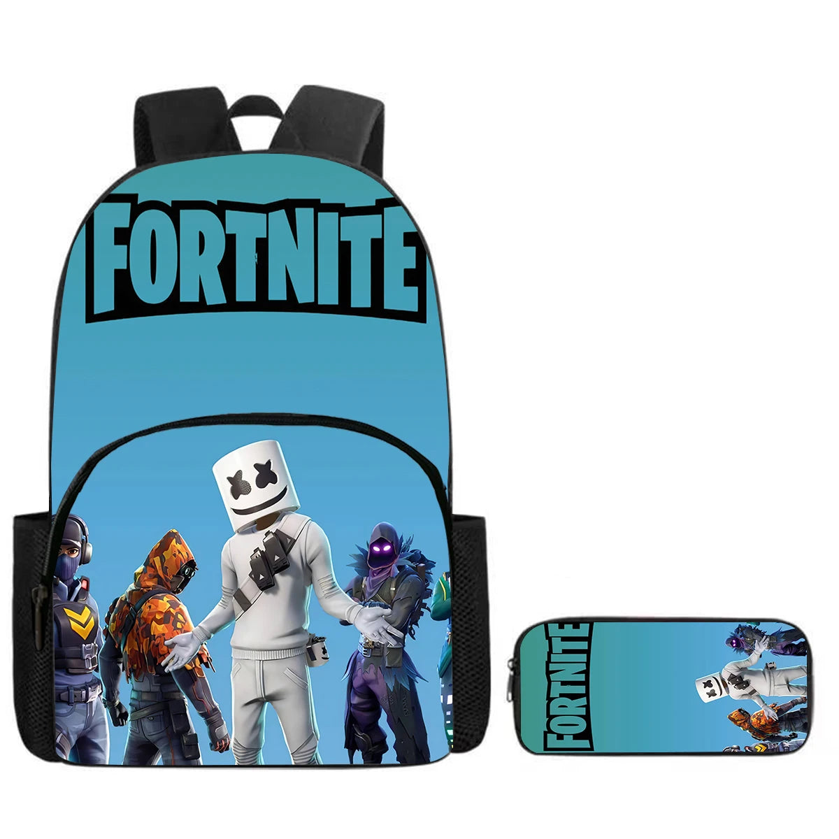 Fortnite Cartoon 2-Piece Set Backpack with Front Pocket Pencil Case Unisex Large Capacity School Bag Ages 5-8