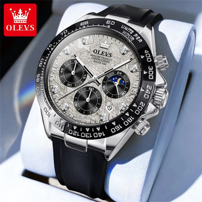 Montre à quartz pour homme OLEVS 2875 – Chronographe de marque de luxe, bracelet en silicone, date automatique, étanche, phase de lune, style sportif