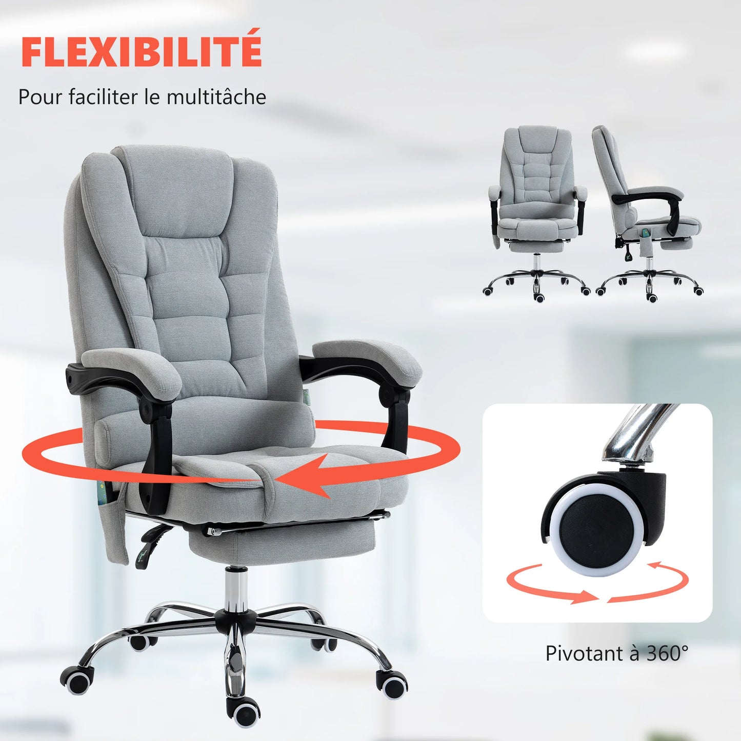 Massage- und beheizter Bürostuhl, Bürostuhl, höhenverstellbar, verstellbare Rückenlehne, 65x70x111-119cm, grau