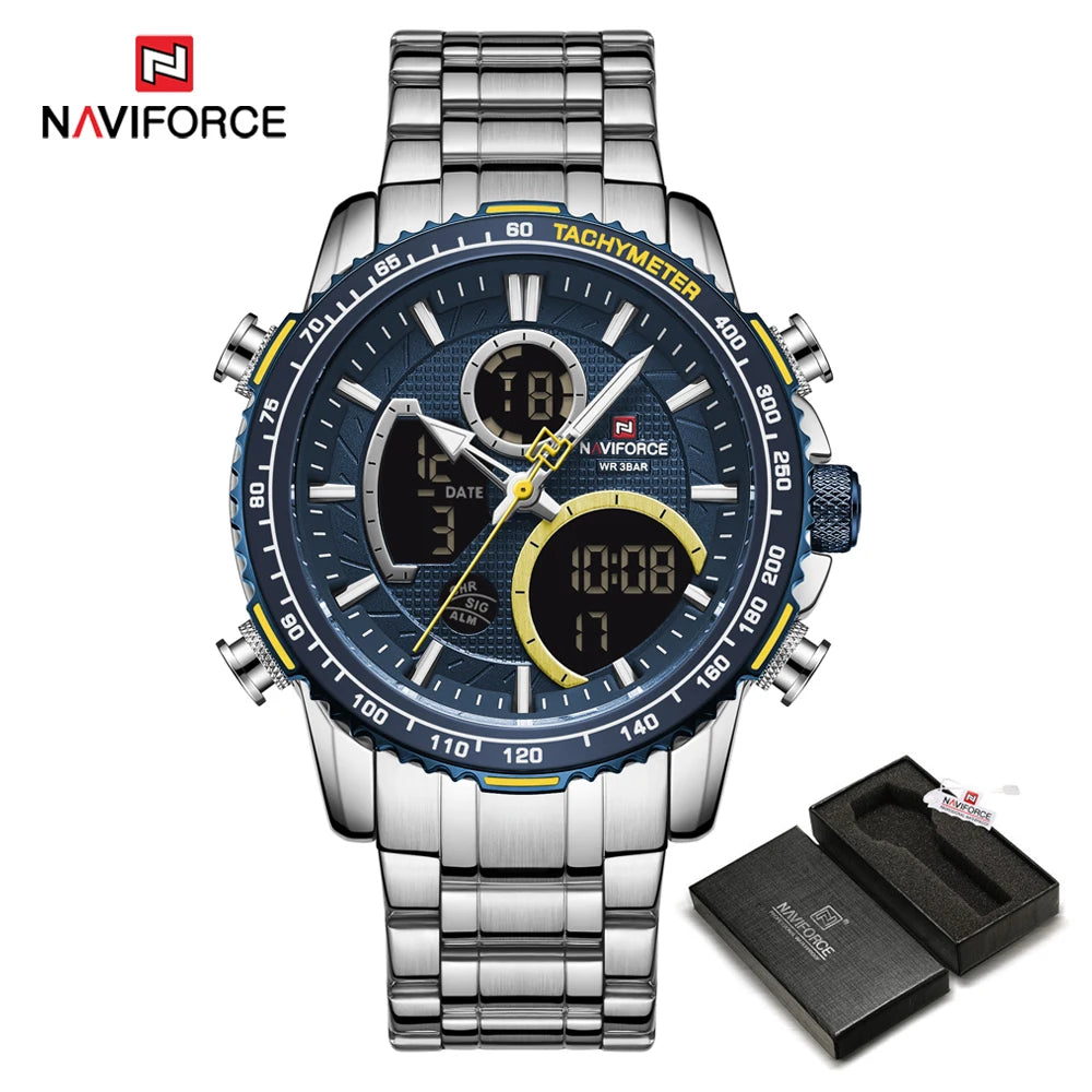 NAVIFORCE muški sportski sat – originalni luksuzni ručni sat od nehrđajućeg čelika, vodootporan model u vojničkom stilu s dvostrukim prikazom