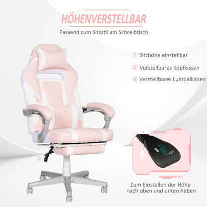 Pink Gaming Chair with Footrest, Adjustable High Back Gaming Chair with Headrest & Lumbar Pillow, 360° Swivel Ergonomic Faux Leather Gaming Chair for Office & Gaming