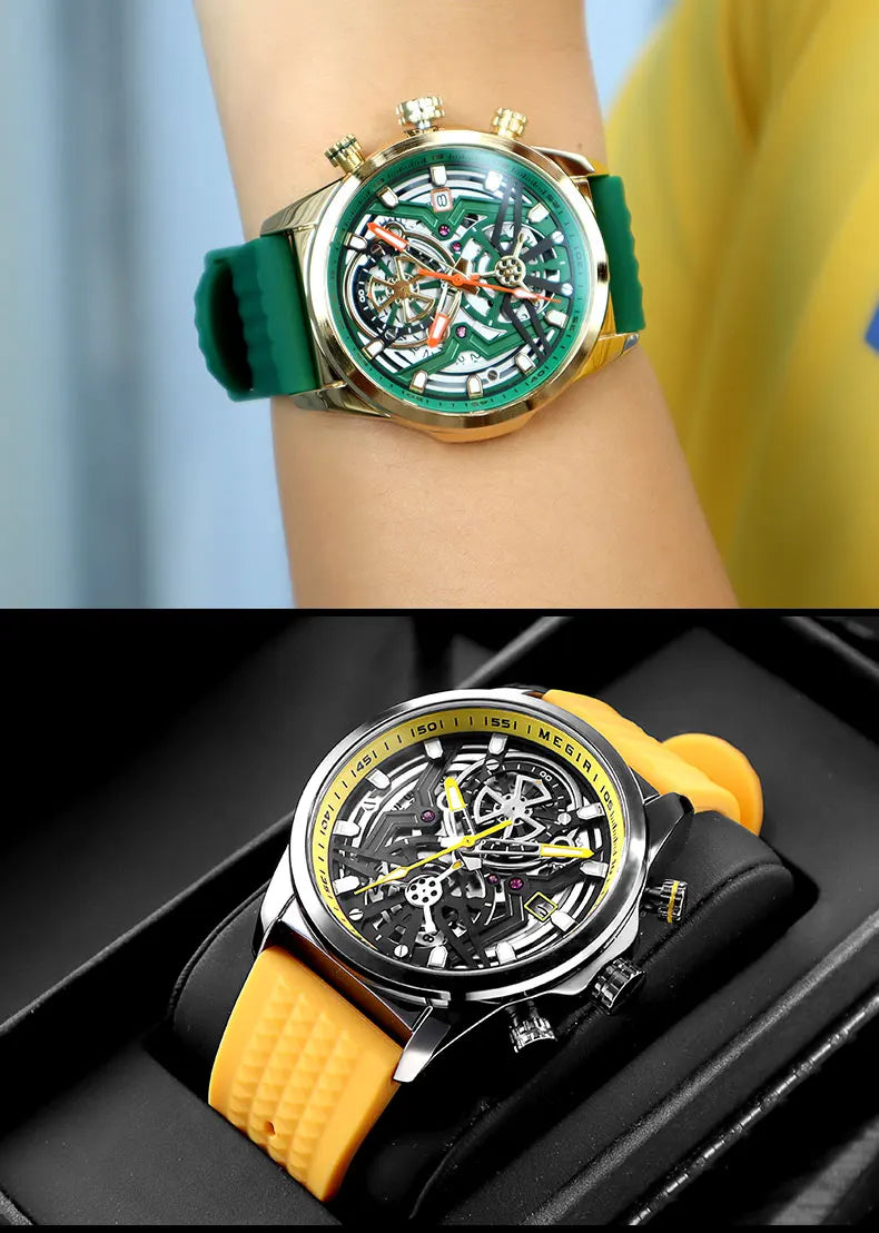 MEGIR Chronograph Quartz Watch Men Fashion Waterproof Yellow Silicone Strap Sport Wristwatch with Luminous Hands Auto Date 2235