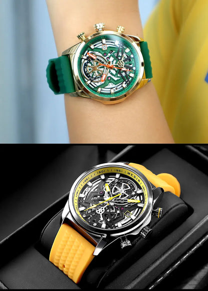 MEGIR Chronograph Quartz Watch Men Fashion Waterproof Yellow Silicone Strap Sport Wristwatch with Luminous Hands Auto Date 2235