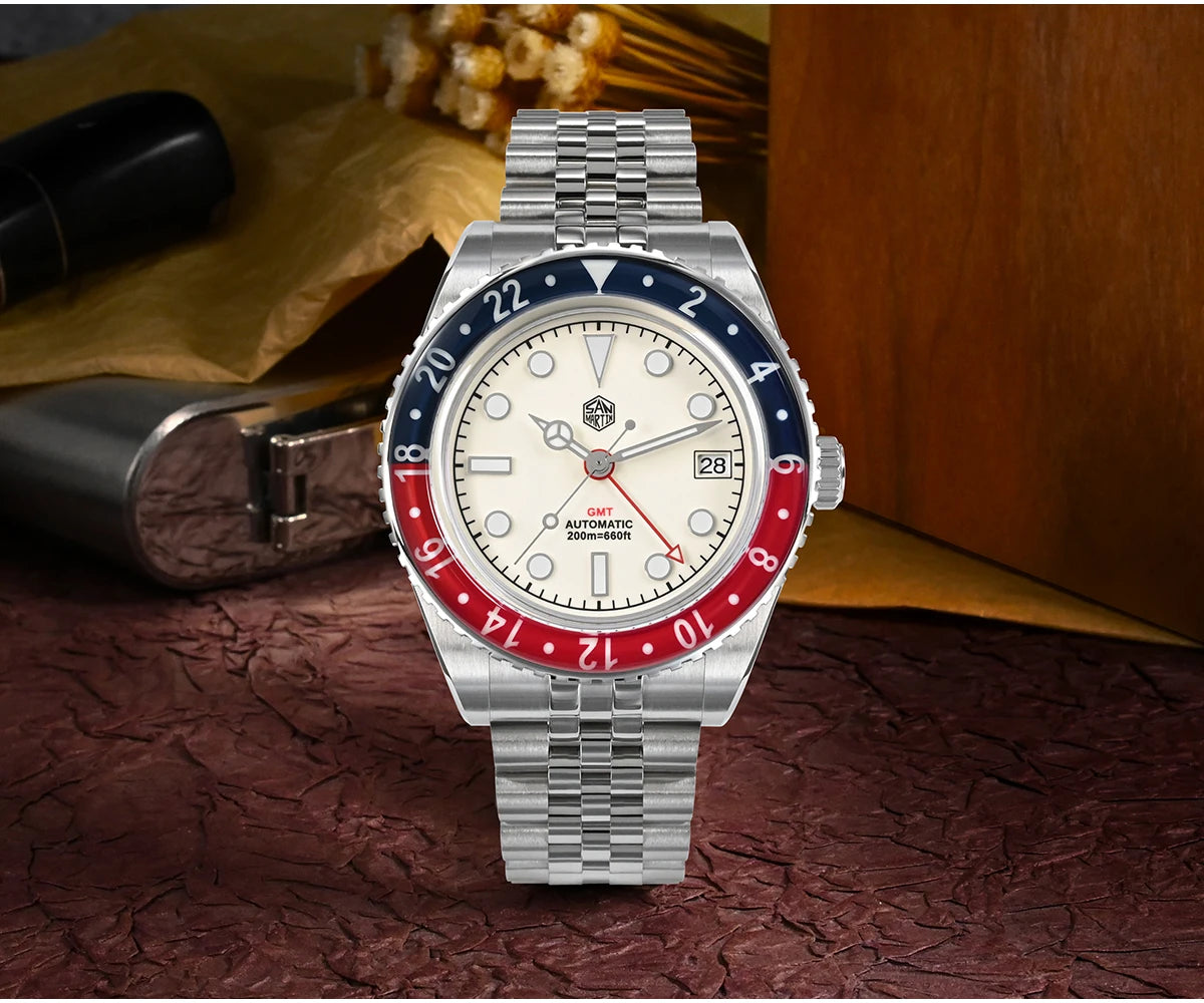 San Martin 40mm SN0005 Retro GMT NH34 Automatic Distressed Patina Dial Bi-color Sapphire Bezel Jubilee Mens Watches 20Bar Lume