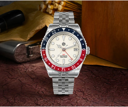 San Martin 40mm SN0005 Retro GMT NH34 Automatic Distressed Patina Dial Bi-color Sapphire Bezel Jubilee Mens Watches 20Bar Lume