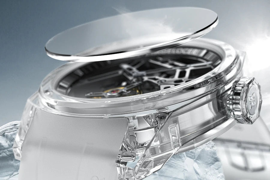 Relógio AGELOCER de edição limitada “Ice Never Melts” com turbilhão de cristal de espiral livre — relógios mecânicos manuais de luxo