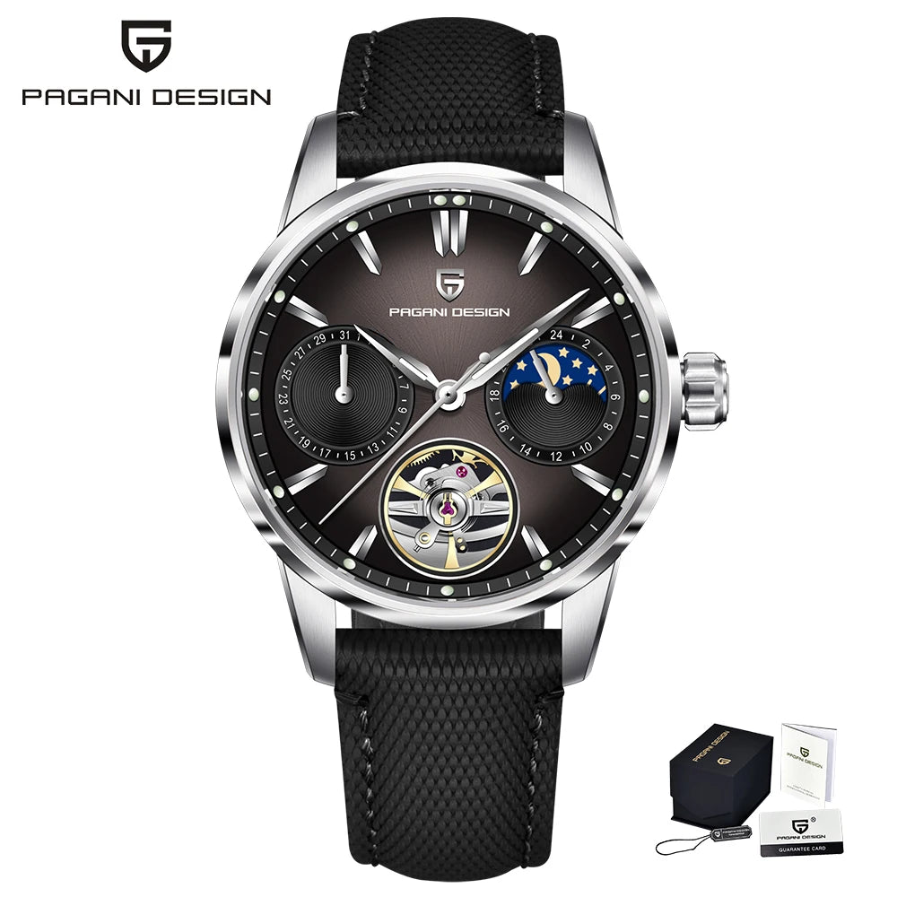 PAGANI DESIGN – luksuzni mehanički sat za muškarce, 41 mm, safirno staklo, kožni remen, vodootporan, u pilotskom stilu, s turbiljonom i fazama mjeseca