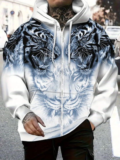 2025 Mens Long Sleeve Zip up Tiger Graphic Hoodie Casual Outdoor Fashion Coat with Drawstring and Pockets Zipup Hoodie for Man