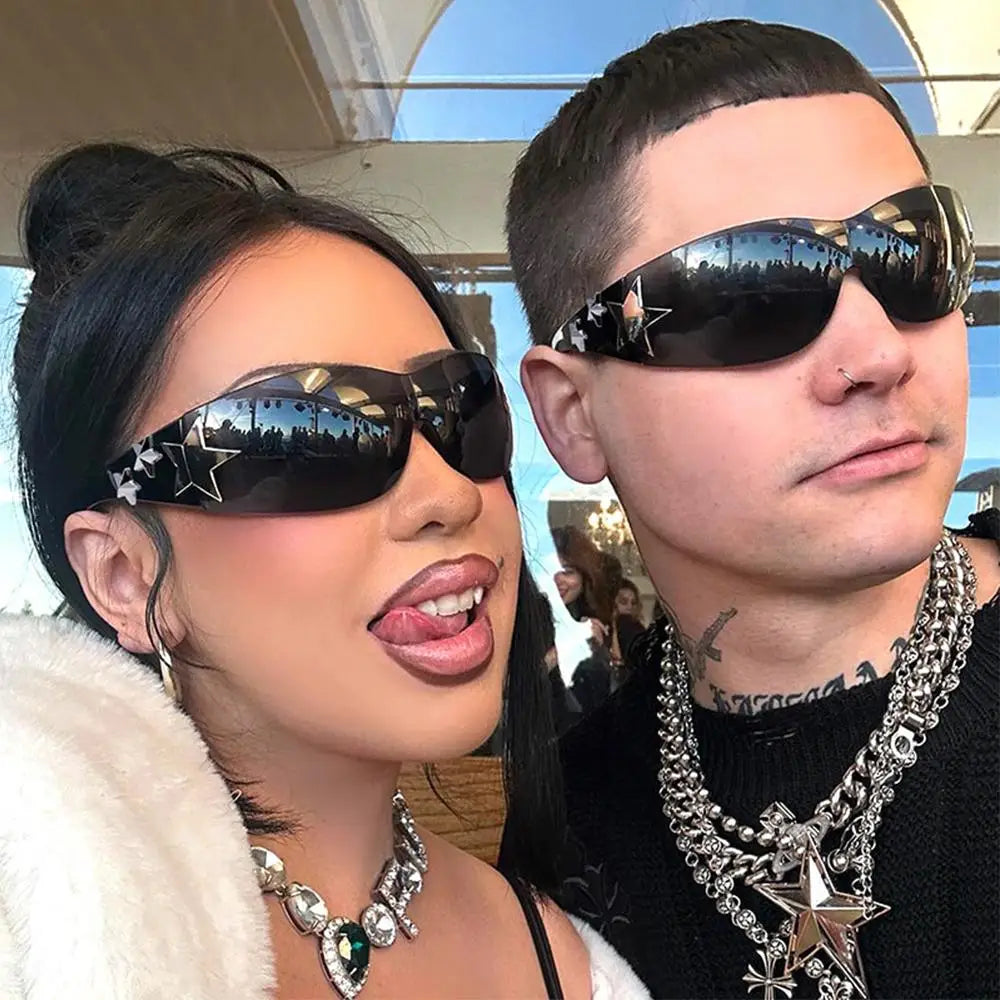 Rimless Y2K Sunglasses Women Men Punk Goggle Trendy Shield Sun Glasses UV400 3D Five Star Rhinestones Eyewear 2024