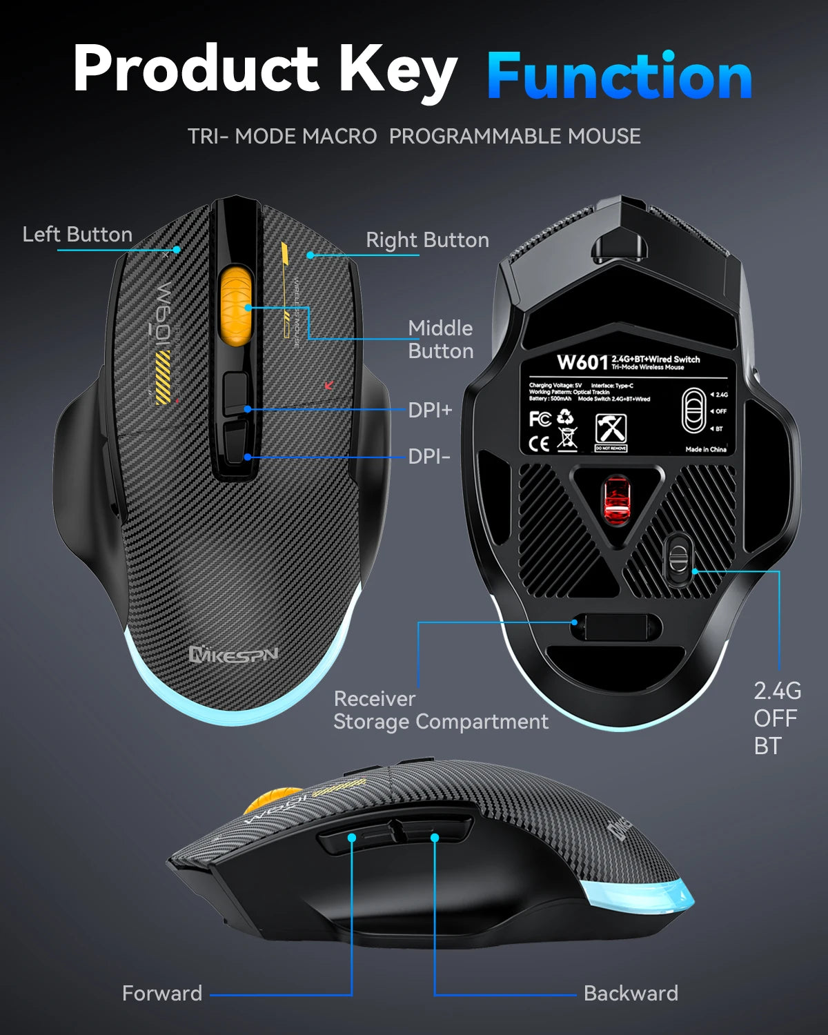 12800 DPI 2.4G Wireless Bluetooth Wired Tri-mode Mouse Mute Button Macro Programming Carbon Fiber Gaming Mouse 500mAh 7 Keys