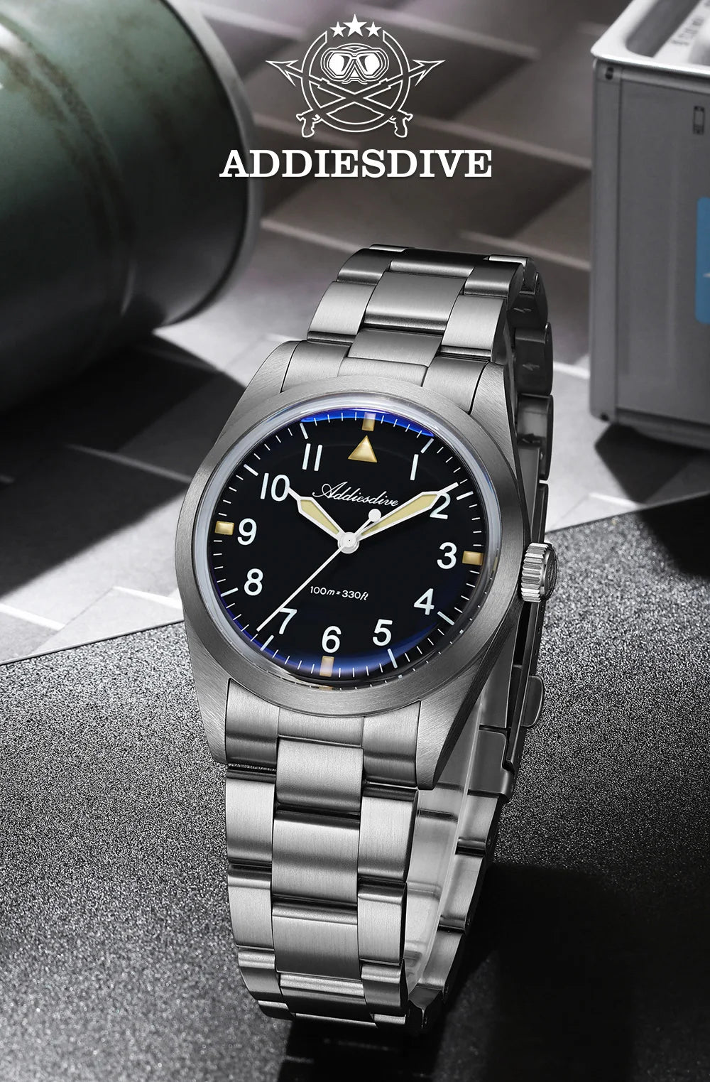 ADDIESDIVE 36mm AD2502 Watch for Men 100M Waterproof Titanium Alloy VH31 Movement Bubble Mirror Glass Luminous Quartz Watches
