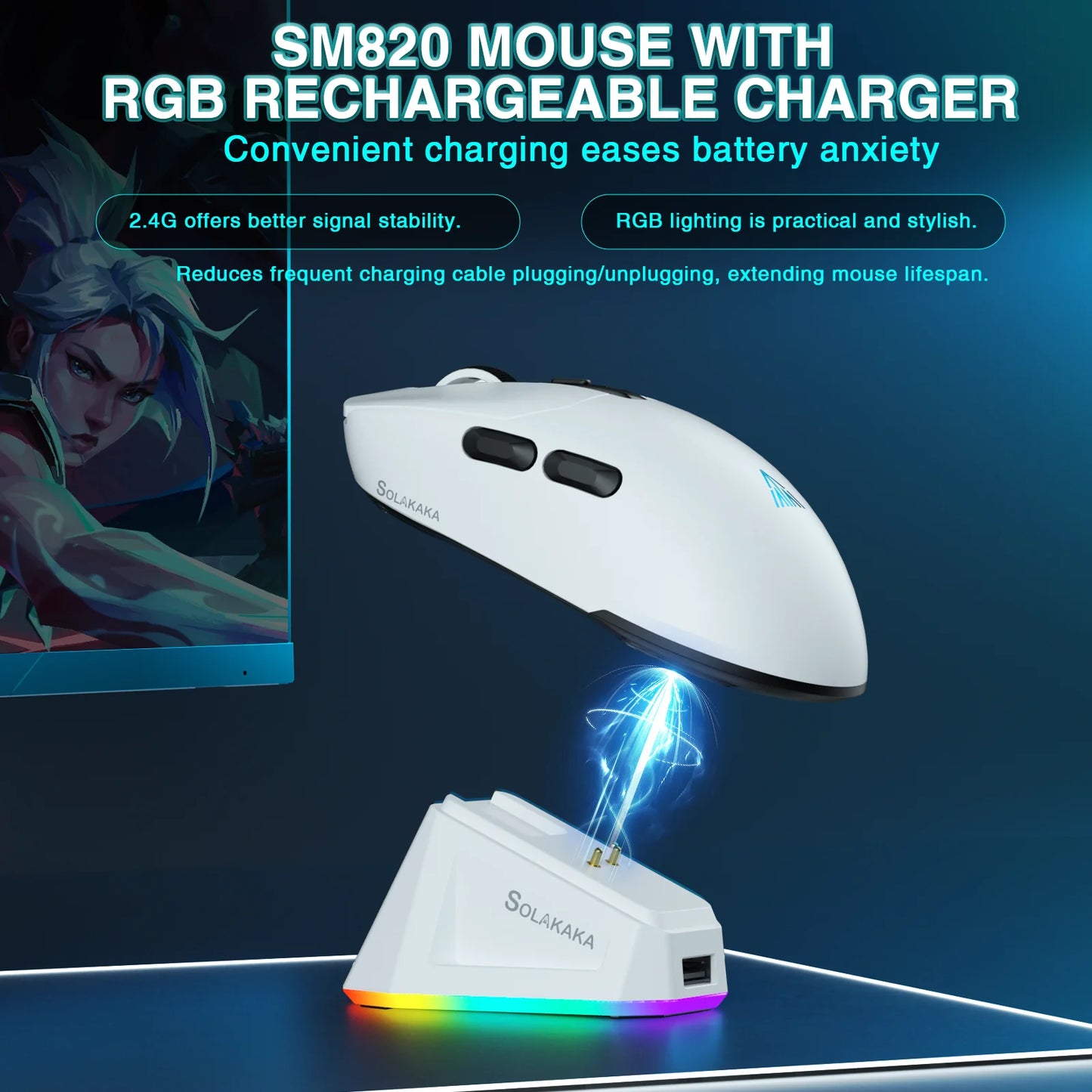 SOLAKAKA SM820 Tri-Mode Wireless Gaming Mouse with RGB Charging Dock, PAW3311 Sensor, 26000 DPI, Ultra-Light Rechargeable Wireless Gaming Mouse